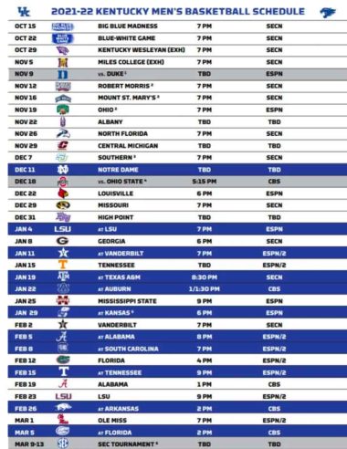 Kentucky Basketball Schedule 2021-2022 - KY Supply Co