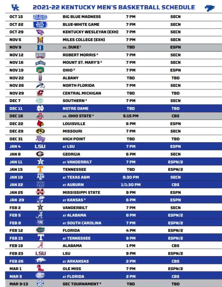 Kentucky Bahamas Schedule 2022 Kentucky Basketball Schedule 2021-2022 - Ky Supply Co