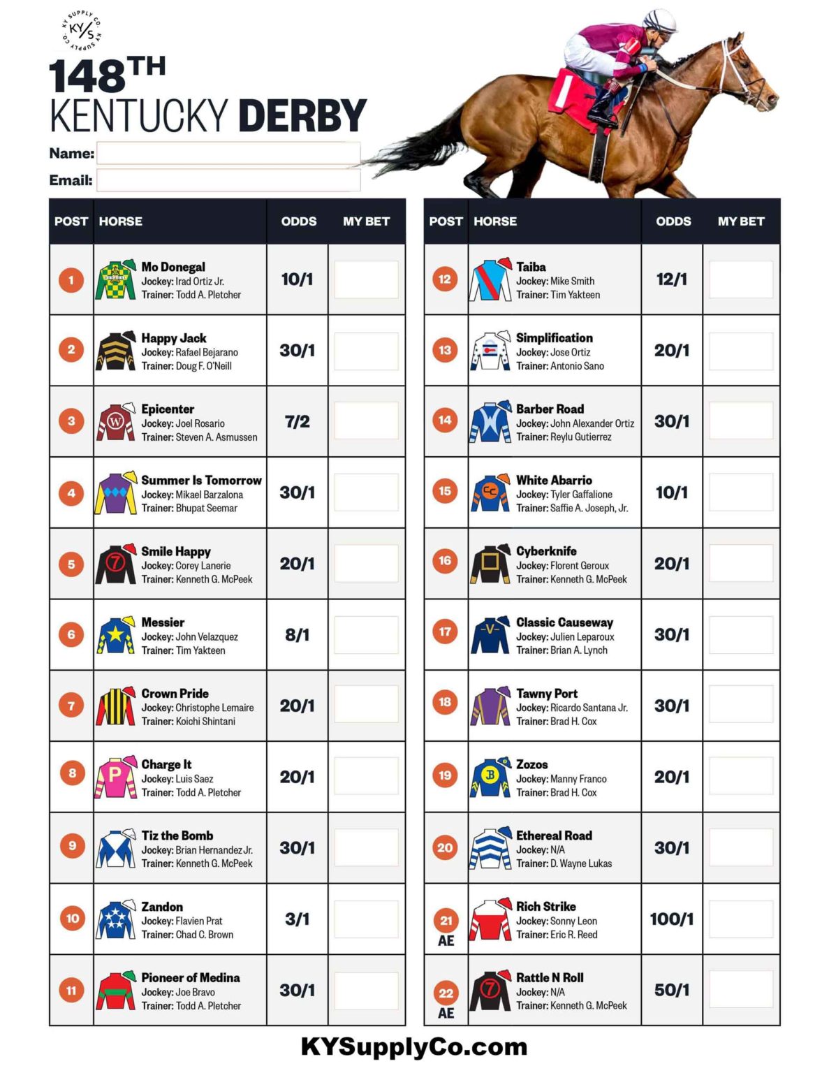 Printable Kentucky Derby Post Positions Customize and Print